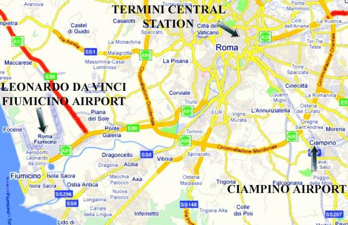 carte de Rome montrant les aéroports