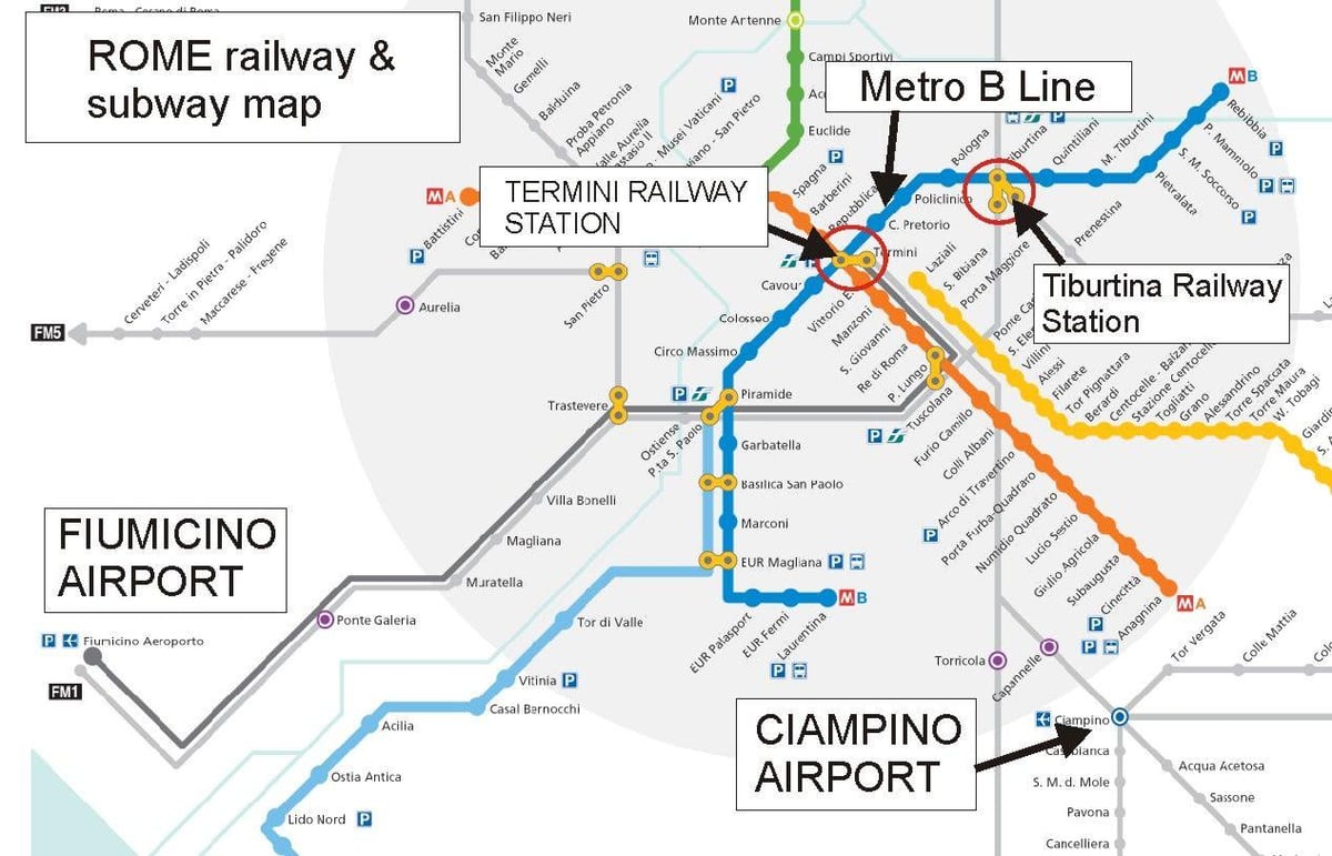 carte de l'aéroport de Rome et de la gare