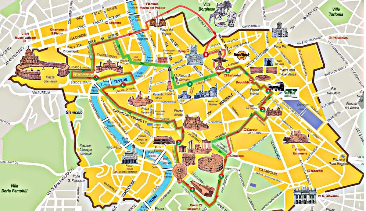 Rome " hop on hop off tour en bus de la carte de l'itinéraire