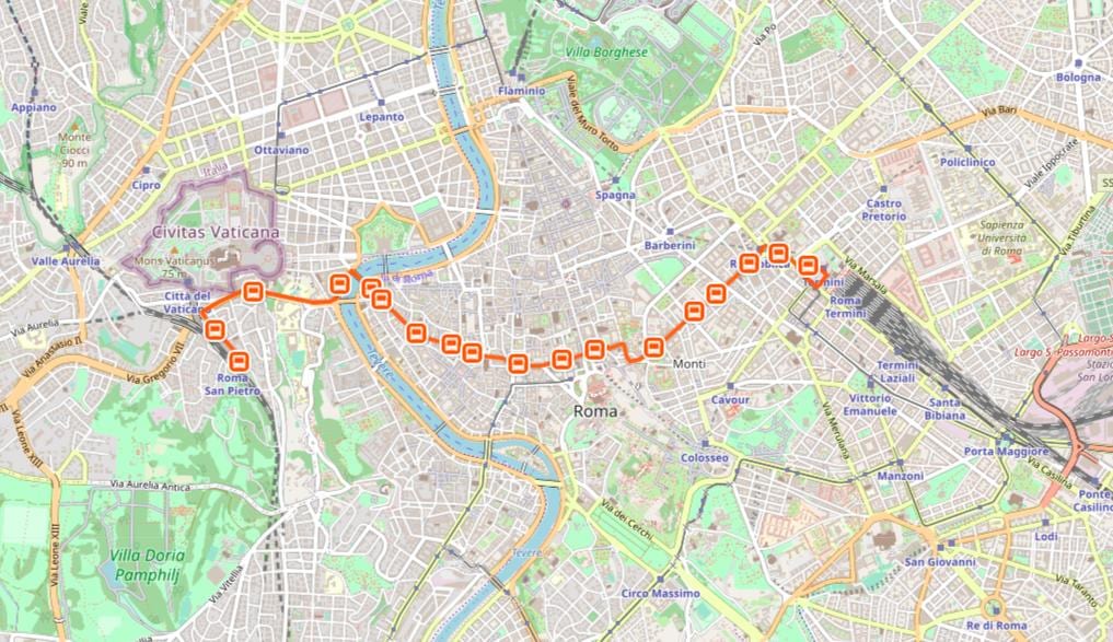 Carte de Rome en bus 64 route