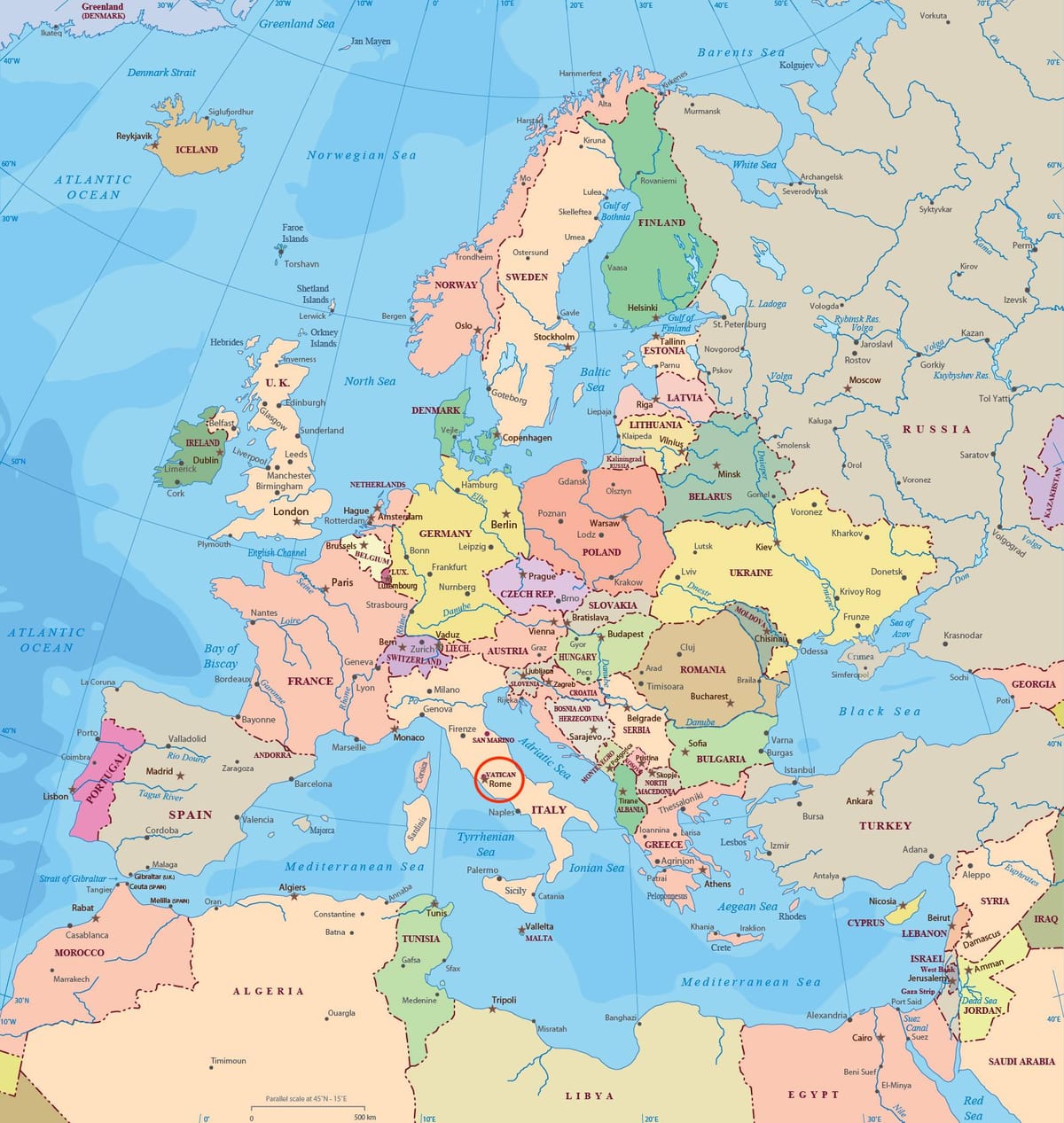 Rome sur la carte de l'europe